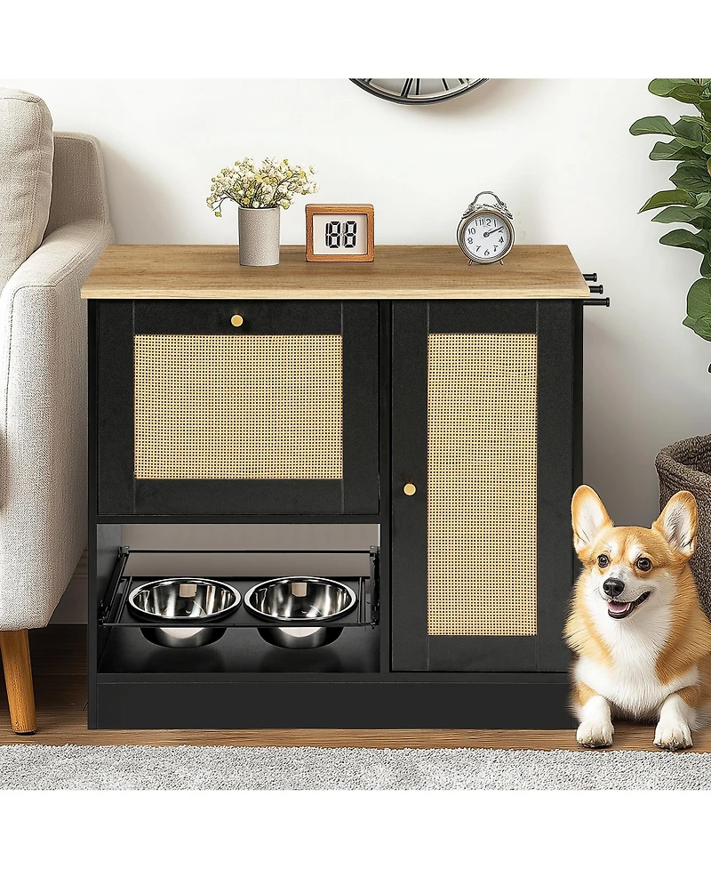 Aostirmotor Pet Feeding Station with 2 Lockers and Elevated Dog Bowls, Side Hooks, Anti-Tipping, Hidden Storage