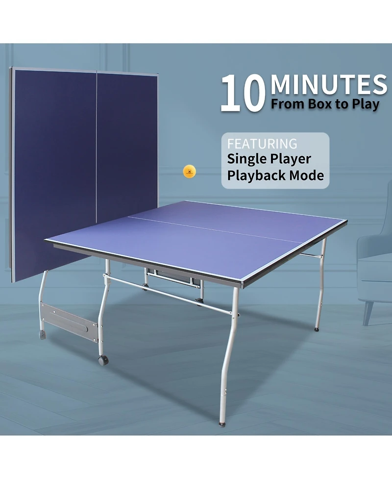 Rainsken 84.5FT Mid-Size Table Tennis Table, Foldable and Portable Ping Pong Table Set with Net, 2 Table Tennis Paddles and 3 Balls for Indoor Game