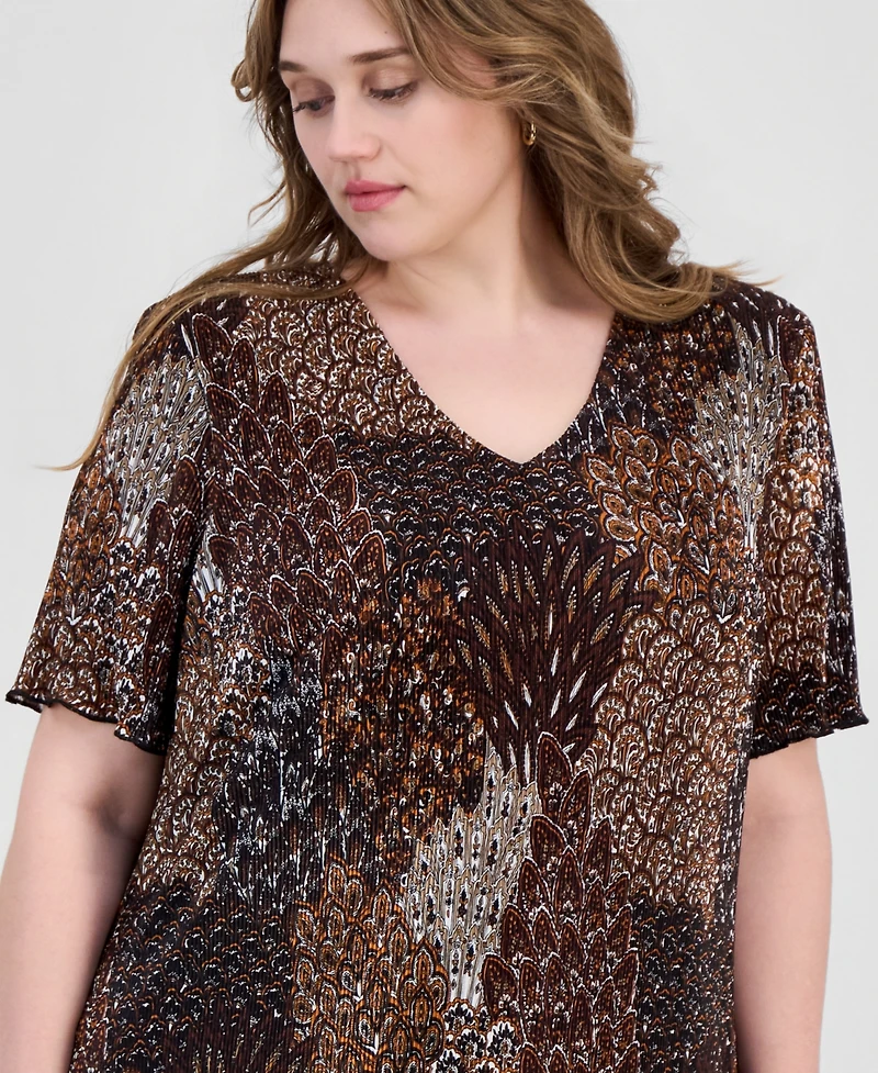 Connected Plus Printed Pleated Asymmetric Tiered Sheath Dress