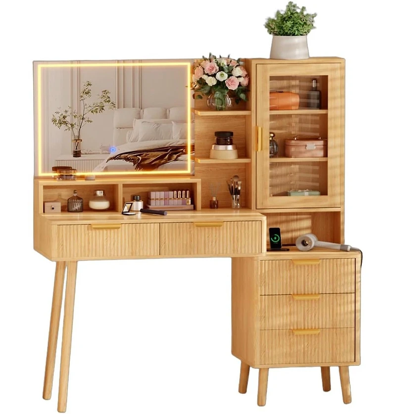 gaomon Modern Makeup Vanity Desk Set with Adjustable Mirror, Bench and Charging Station