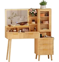 gaomon Modern Makeup Vanity Desk Set with Adjustable Mirror, Bench and Charging Station