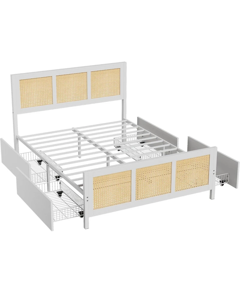 gaomon Rattan Accent Storage Bed with Led Lights-4 Drawers-Woven Front-mdf Wood Frame Finish