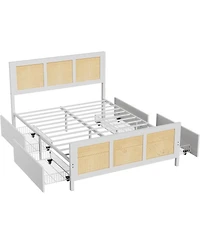 gaomon Rattan Accent Storage Bed with Led Lights-4 Drawers-Woven Front-mdf Wood Frame Finish