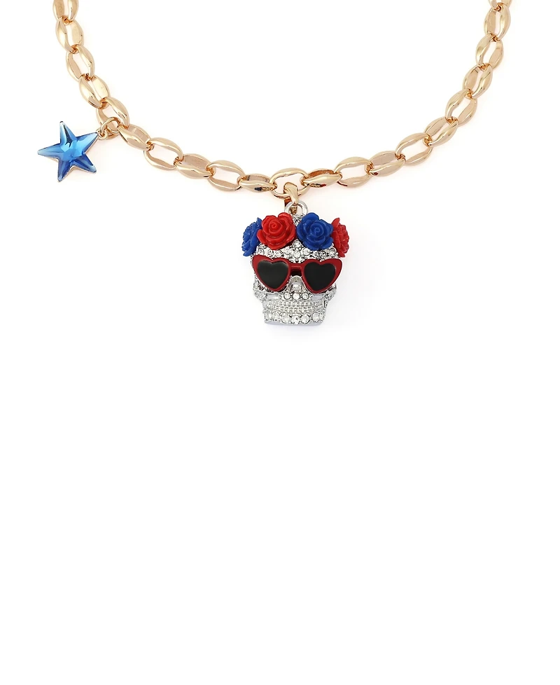 Betsey Johnson Faux Stone Americana Skull Pendant Necklace