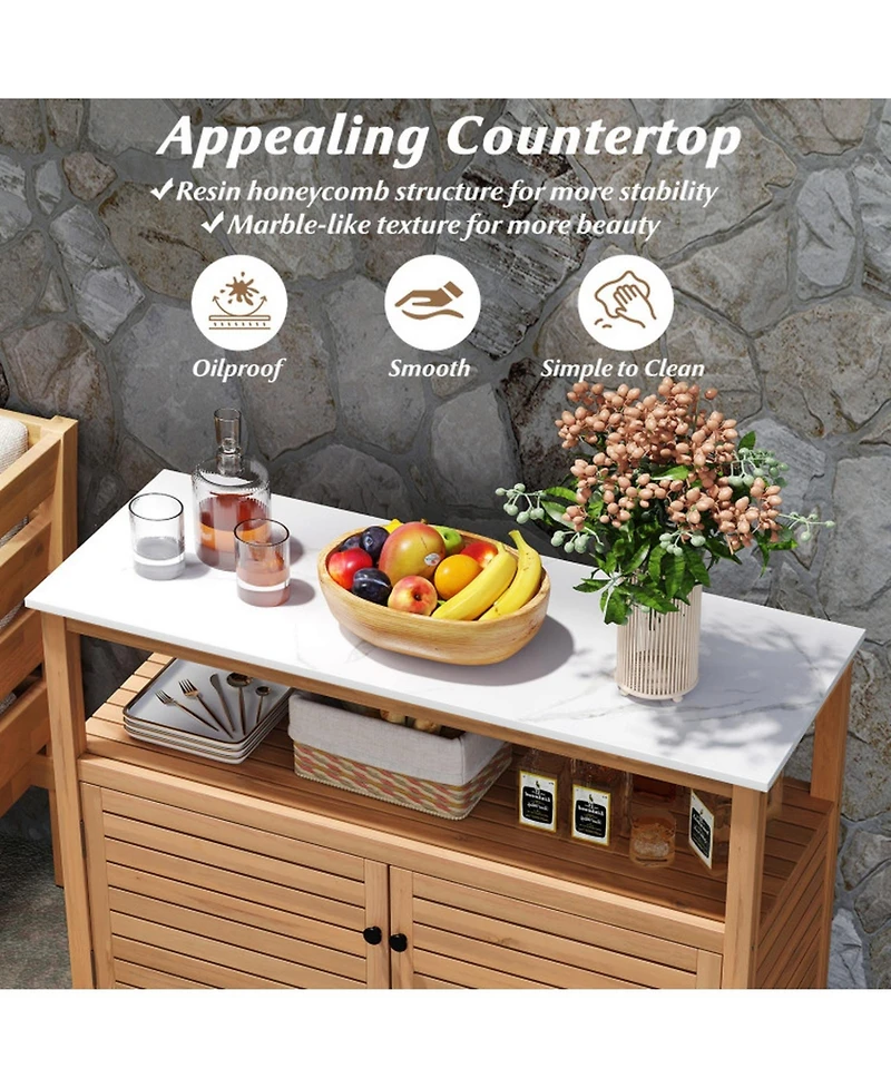 Gouun Acacia Wood Patio Buffet Cabinet with Open Shelf and Resin Countertop