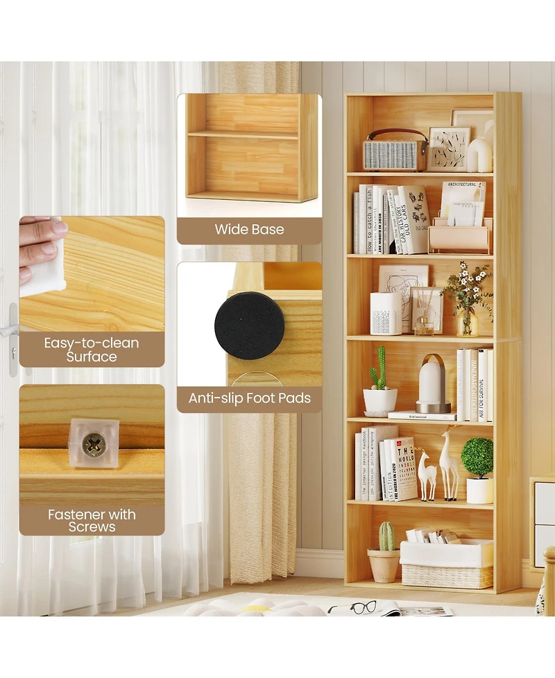 Sugift 6-Tier Bookcase with 6 Open Shelves and Anti-Toppling Kits-Wood