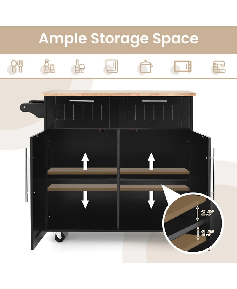 Gouun Rolling Kitchen Island Cart with Rubber Wood Top, Drawers, and Cabinet