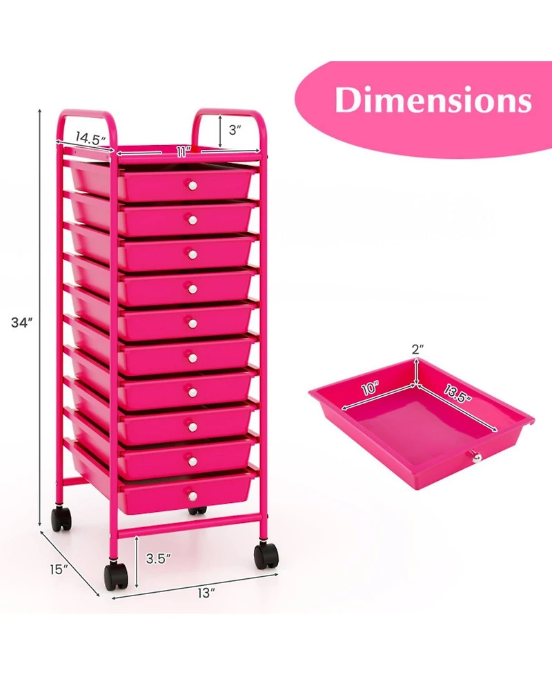 Gouun 10-Drawer Narrow Rolling Organizer Cart with Universal Casters