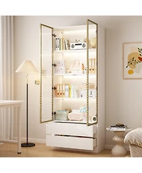 Homsee Display Cabinet with 2 Glass Doors and Lights, 4-Tier Storage Shelves and 2 Drawers
