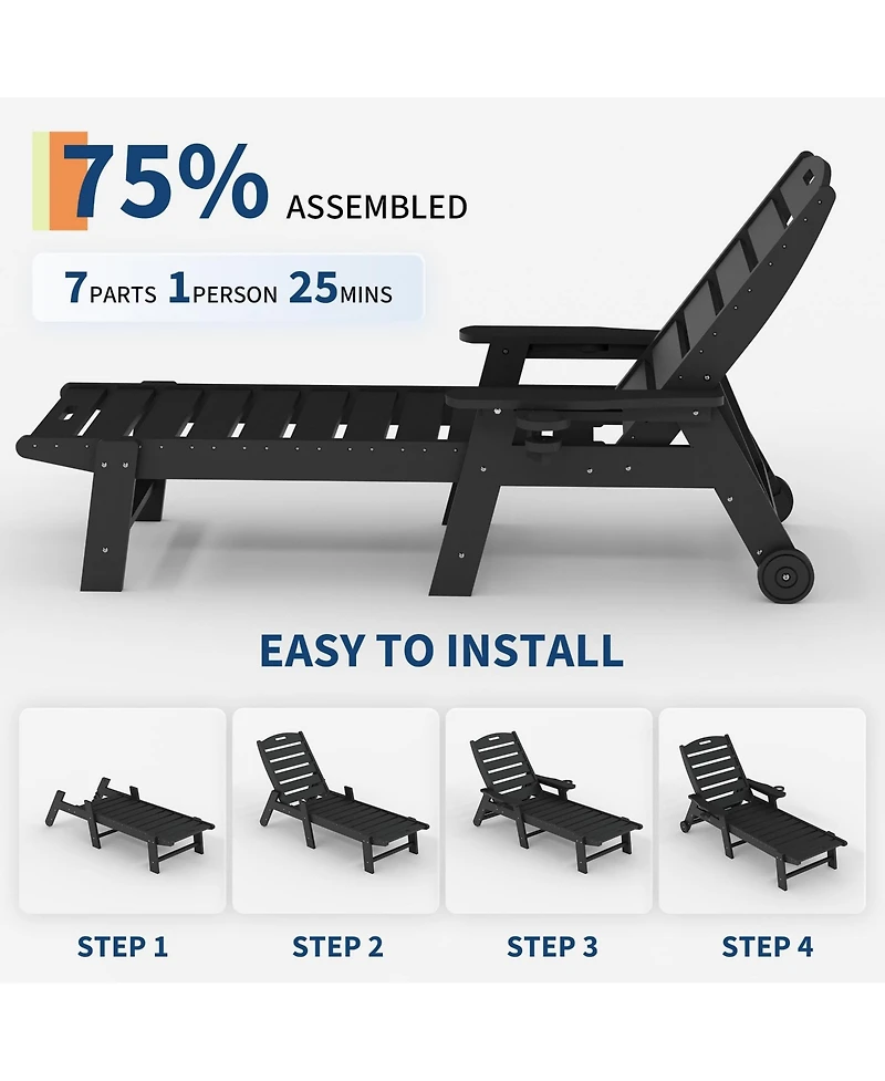 Homfan 5-Position Adjustable Hdpe Folding Chaise Lounge Set Outdoor Recliners with Cup Holder, Wheels, Resin, for Poolside, Garden 2 Pack