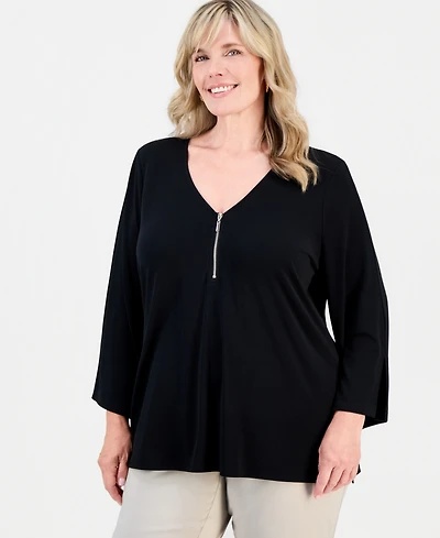 Jm Collection Plus Bell-Sleeve Zip-Neck Top, Macy's Exclusive