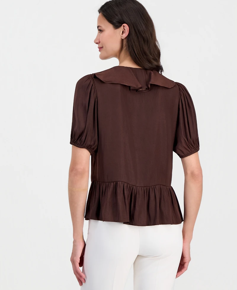 T Tahari Women's V-Neck Ruffle-Front Short-Sleeve Blouse
