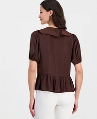 T Tahari Women's V-Neck Ruffle-Front Short-Sleeve Blouse