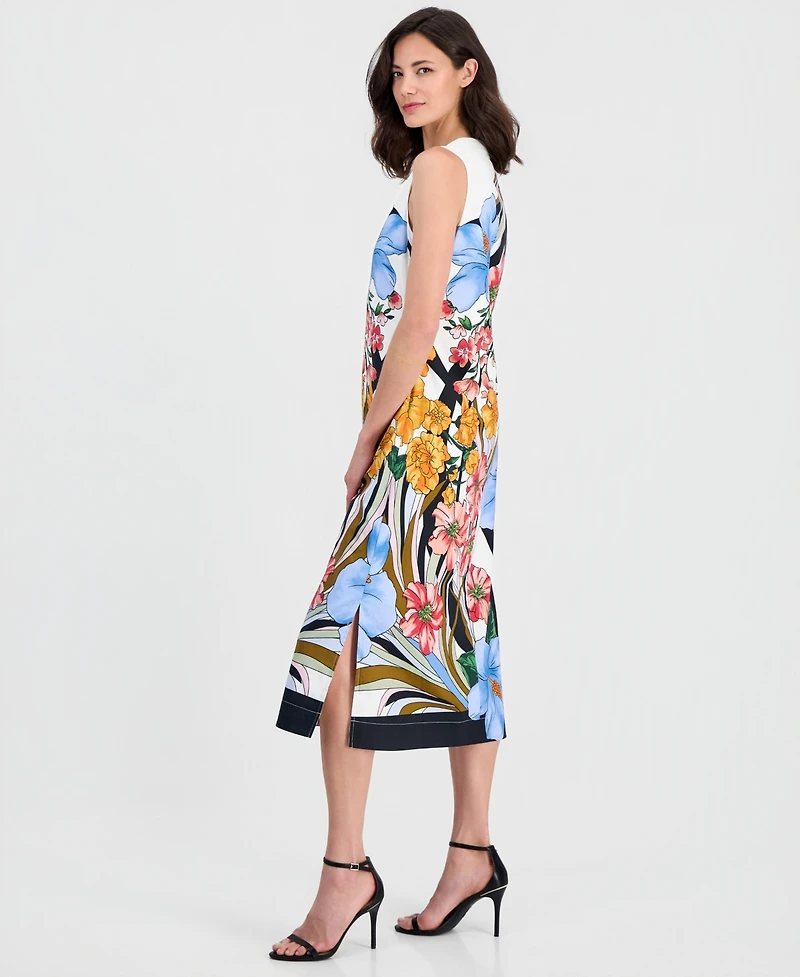 T Tahari Women's Printed Split-Neck Sleeveless Dress