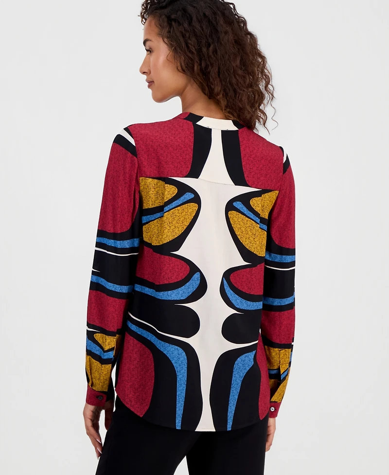 T Tahari Women's Printed Split-Neck Button Tunic Blouse