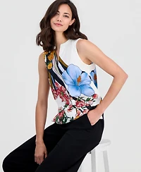 T Tahari Women's Printed Split-Neck Sleeveless Top