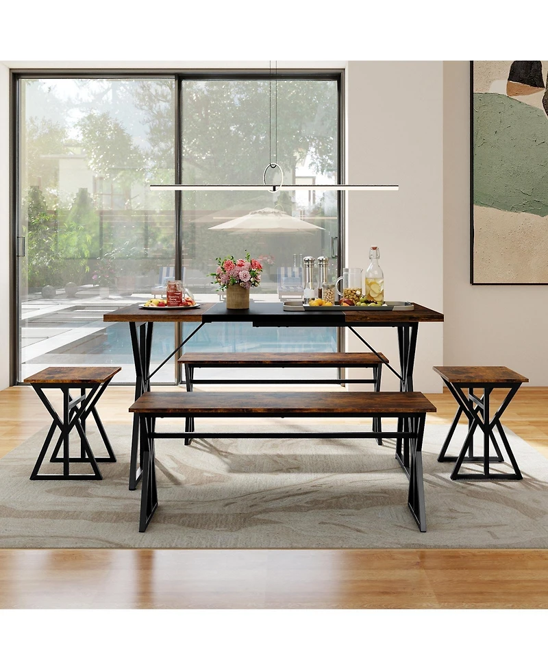 Sugift 5-Piece Industrial Dining Room Set Rectangular Kitchen Table with 2 Benches and 2 Stools