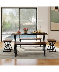 Sugift 5-Piece Industrial Dining Room Set Rectangular Kitchen Table with 2 Benches and 2 Stools