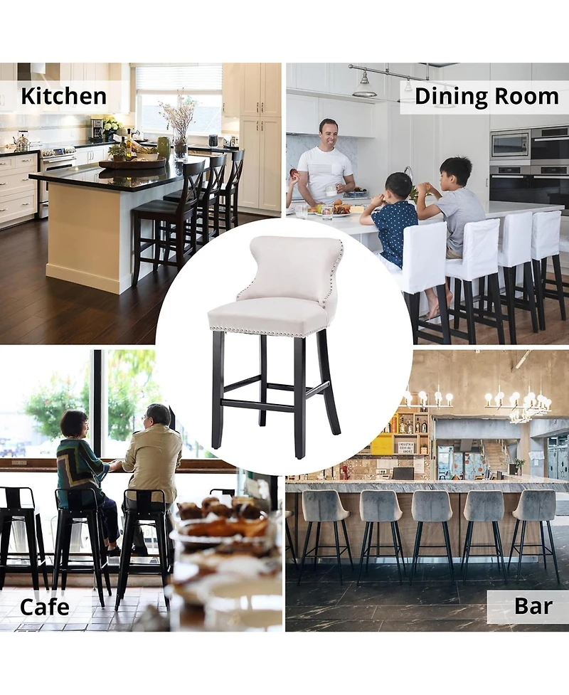 Rainsken Velvet Wingback Bar Stools Set of 2, Counter Height Chairs with Solid Wood Legs, Button Tufted and Nailhead Trim for Kitchen Island