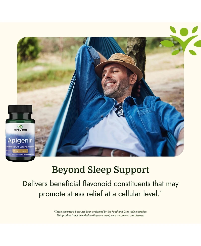 Swanson Apigenin Supplement, 50mg Capsules (90 Count), Helps Promote Sleep, Stress Relief and Overall Men's Health
