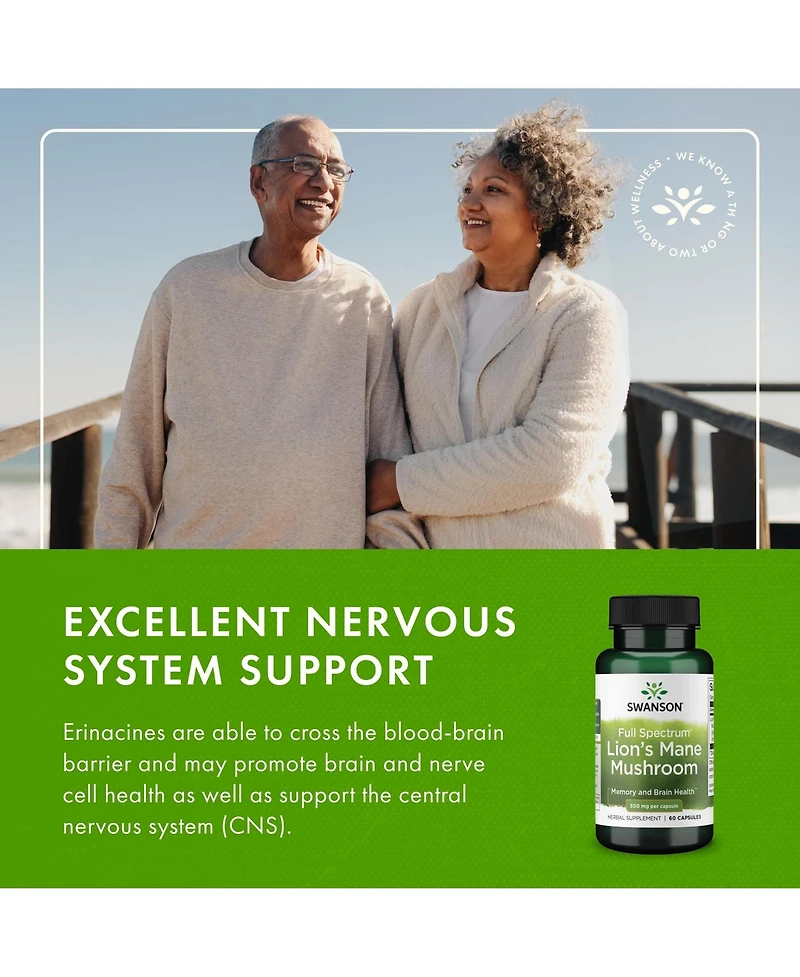 Swanson Lion's Mane Mushroom Capsules 500 mg Each, 60 Capsules Herbal Supplement Supporting Cognitive Function