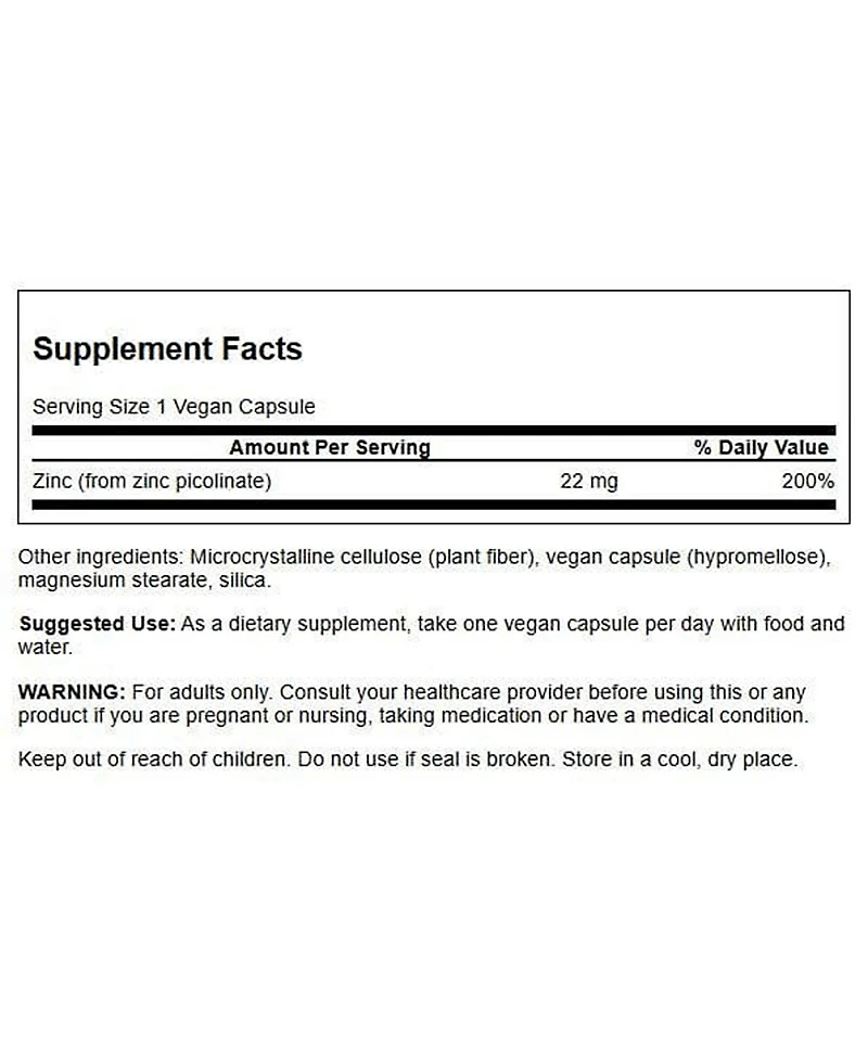 Swanson Zinc Picolinate Mineral Supplement, Prostate, Vision and Immune Support, Body Preferred Chelated Zinc, 22 mg, 60 Capsules