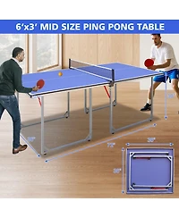 Rainsken 6FT Portable Mid-Size Ping Pong Table, Foldable Table Tennis Game Set with Net, 2 Rackets and 3 Balls Included for Indoor and Outdoor Games