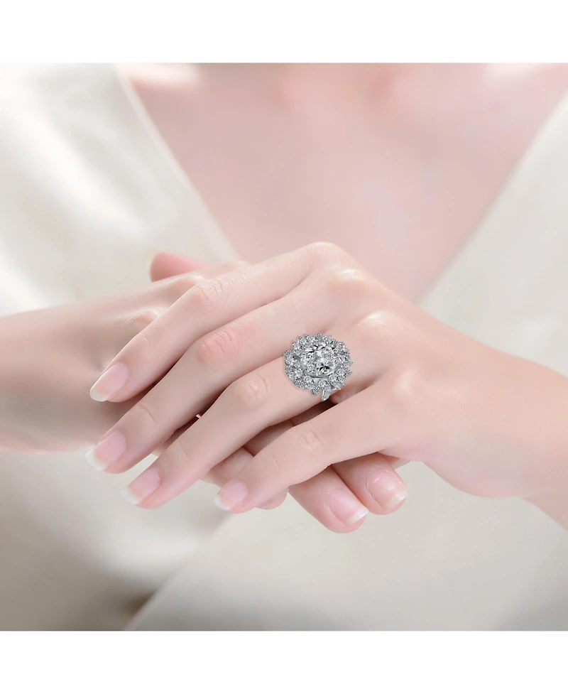 White Gold Plated with Clear Cubic Zirconia Oval Cocktail Snowflake Cluster Ring