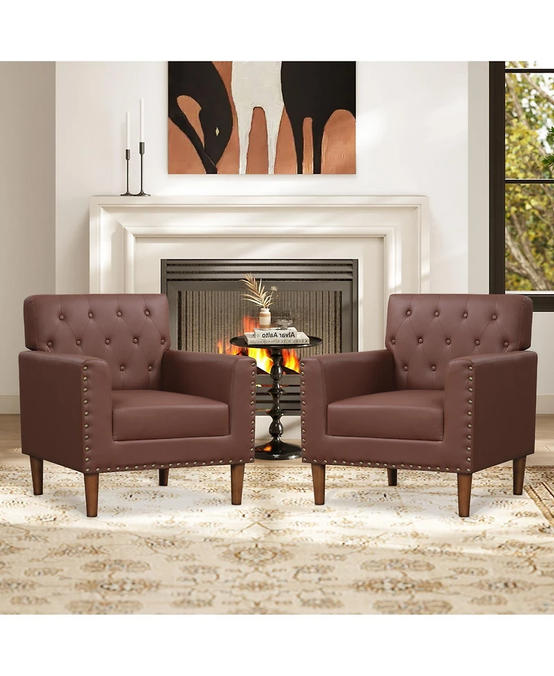 Gouun Mid-Century Button Tufted Accent Chair with Faux Leather Upholstery and Rivets
