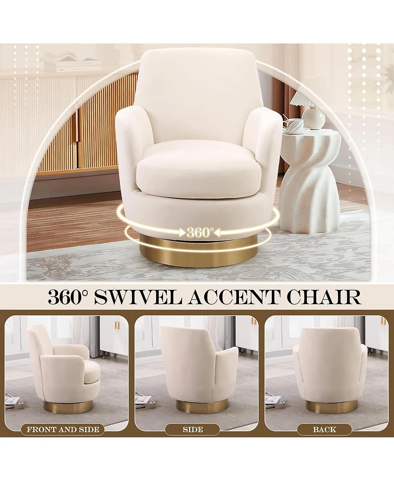 Rainsken 360degree(s) Swivel Barrel Chair, Velvet Upholstered Round Accent Chair with Stainless Steel Base for Living Room, Read Room - (1Piece).