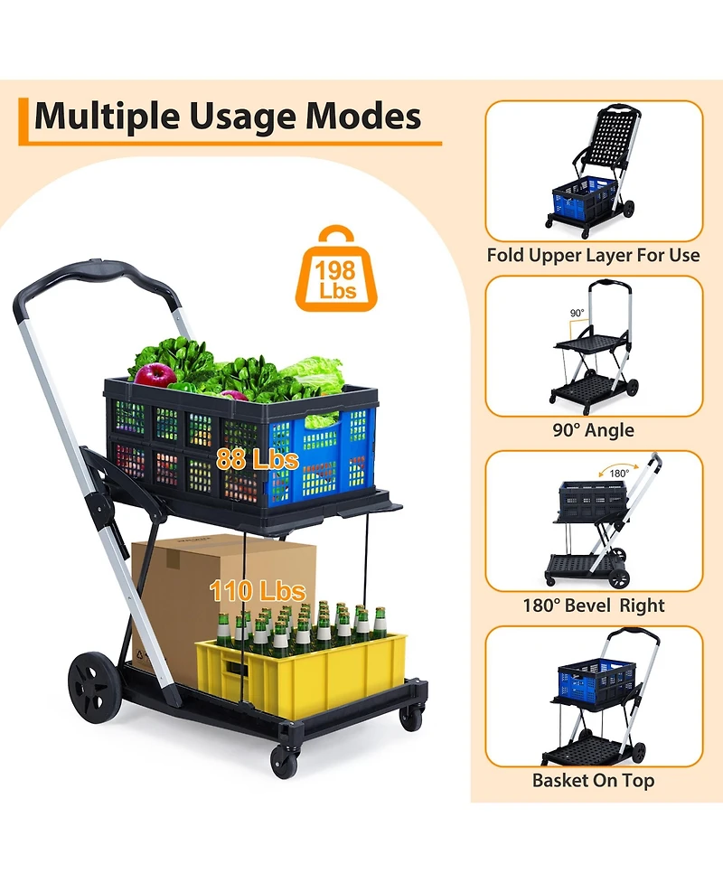 Homfan Collapsible Rolling Grocery Cart w/ Removable Basket and 360degree(s) Swivel Wheels, Lightweight Folding Utility for Shopping Office