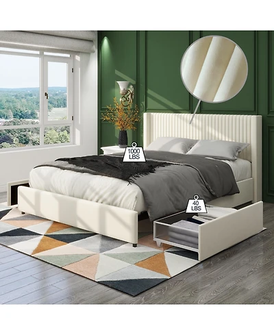 Lucky One Anna Patented 2-Drawer Storage Bed Velvet Upholstered Wingback Platform Bed