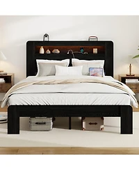 Lucky One Bed Frame Wood Platform Bed Frame with Storage Led Light Headboard and 2 Usb