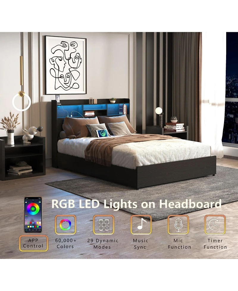 Lucky One Frame with 4 Storage Drawers Full Bed Frame with Headboard and Storage Shelf