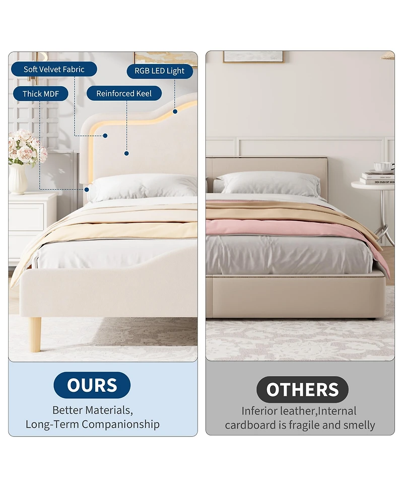 Homfan Kids Led Upholstered Bed Frame with Adjustable Headboard & Footboard, Sturdy Wooden Slats