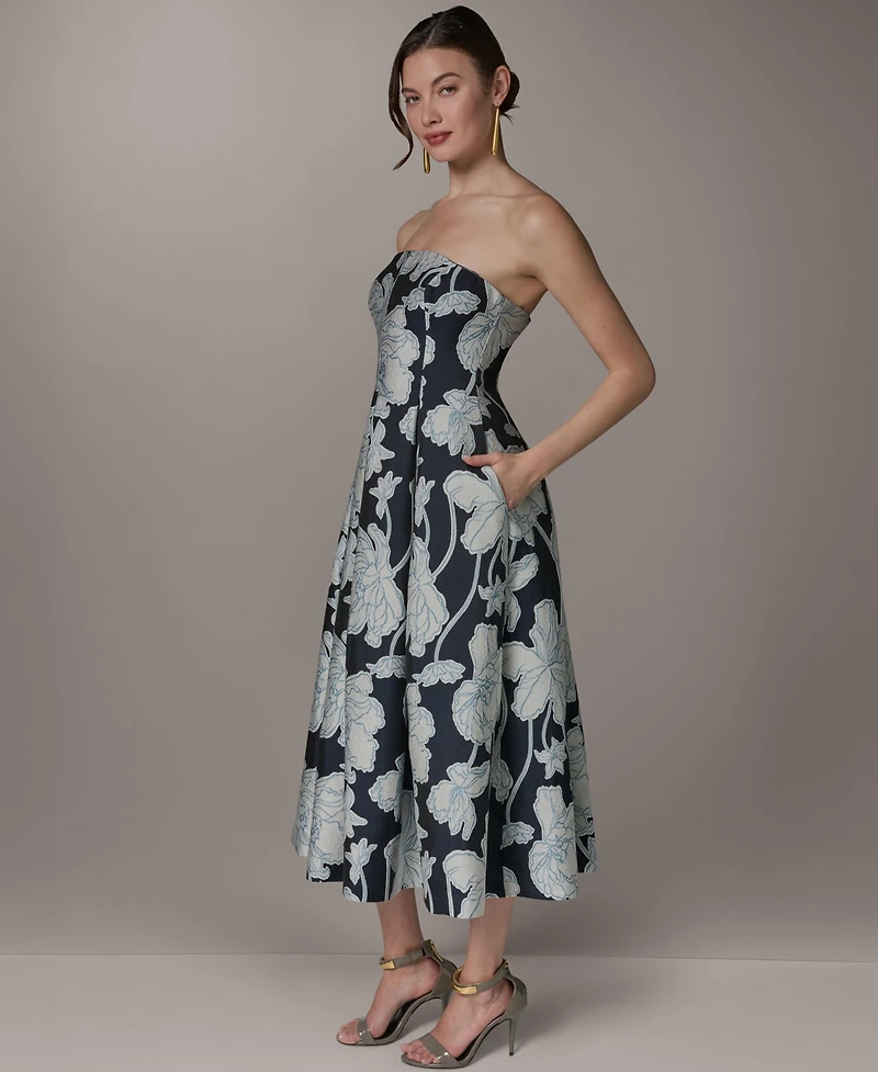 Donna Karan New York Women's Strapless Jacquard Fit & Flare Floral Midi Dress