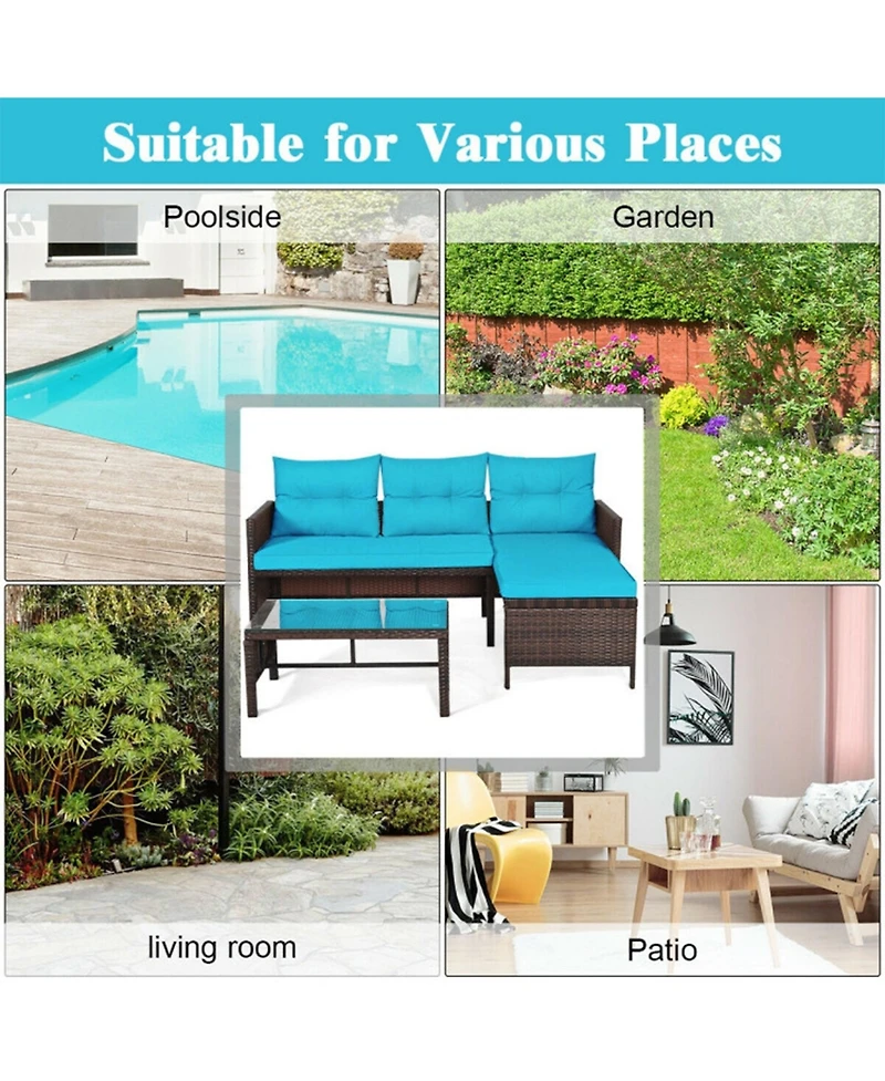 Clihome 3 Pieces Outdoor Patio Corner Rattan Sofa Set with Table