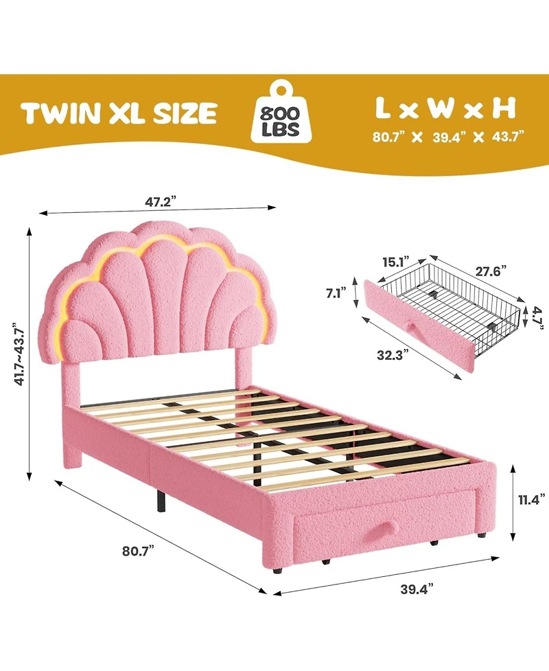 gaomon Upholstered Led Bed Frame with Storage Drawer and Adjustable Chic Headboard, Berber Fleece Princess Platform for Kids