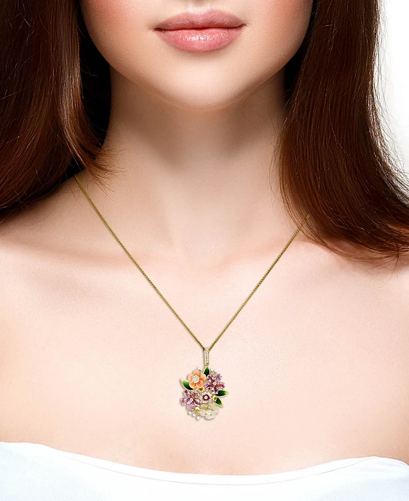 Lali Jewels Pink Mother of Pearl (7/10 ct. t.w.), Multi Gemstone (3-1/12 ct. t.w.) and Diamond (1/14 ct. t.w.) Pendant Necklace in 14k Yellow Gold