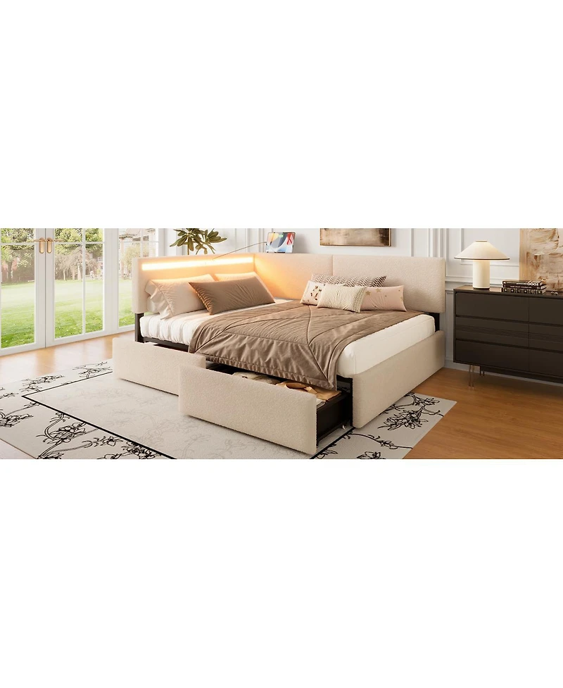 Streamdale Furniture Boucle Bed with Storage, Led, Usb, No Box Spring