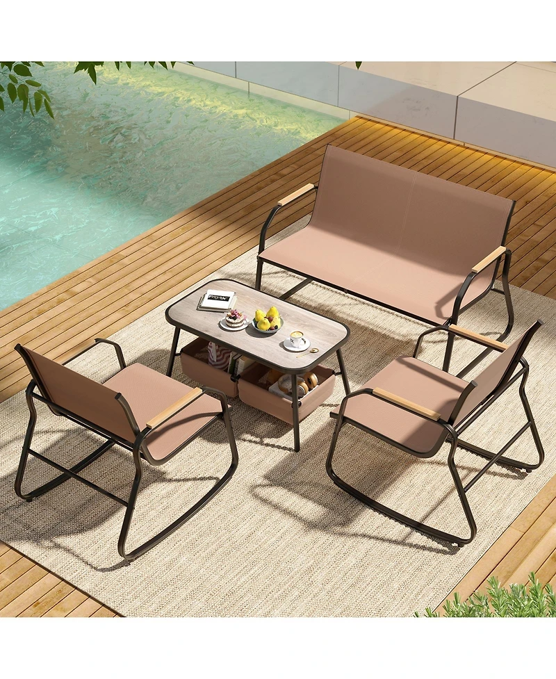 Sugift 4 Pieces Patio Furniture Set with Rocking Bistro Chairs and Breathable Mesh Fabric-Coffee