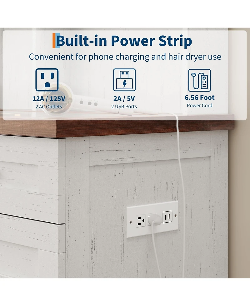 Homfan Farmhouse Makeup Vanity Desk with Lighted Mirror, Glass Top, Power Outlet, Upholstered Stool, Storage Drawers and Shelves