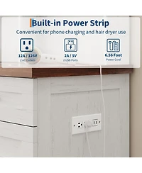 Homfan Farmhouse Makeup Vanity Desk with Lighted Mirror, Glass Top, Power Outlet, Upholstered Stool, Storage Drawers and Shelves