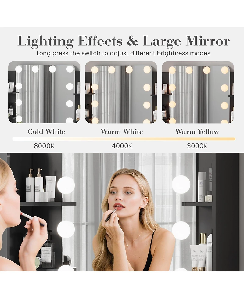 Homfan Makeup Vanity Desk with Mirror 12 Led Lights, Power Outlet, 2 Drawers, 6 Shelves, Hair Dryer Holder and Stool for Bedroom