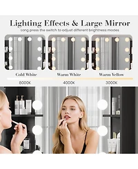Homfan Makeup Vanity Desk with Mirror 12 Led Lights, Power Outlet, 2 Drawers, 6 Shelves, Hair Dryer Holder and Stool for Bedroom