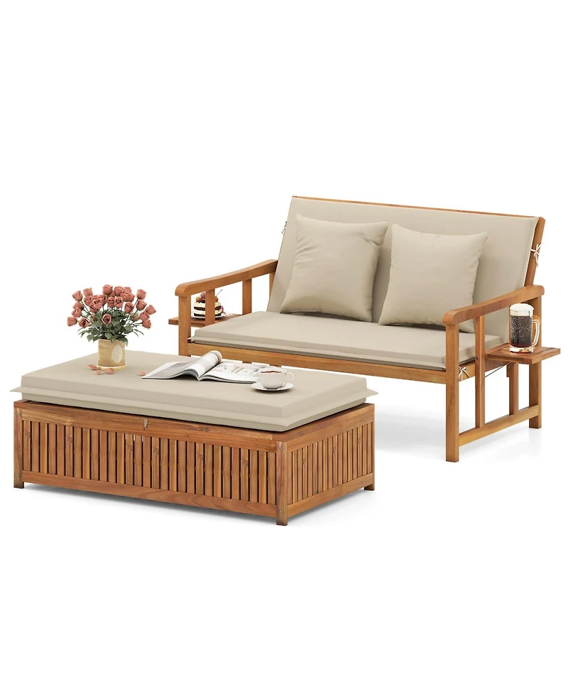 Costway Outdoor Wooden Daybed with 4-Level Backrest & Removable Cushions for Poolside