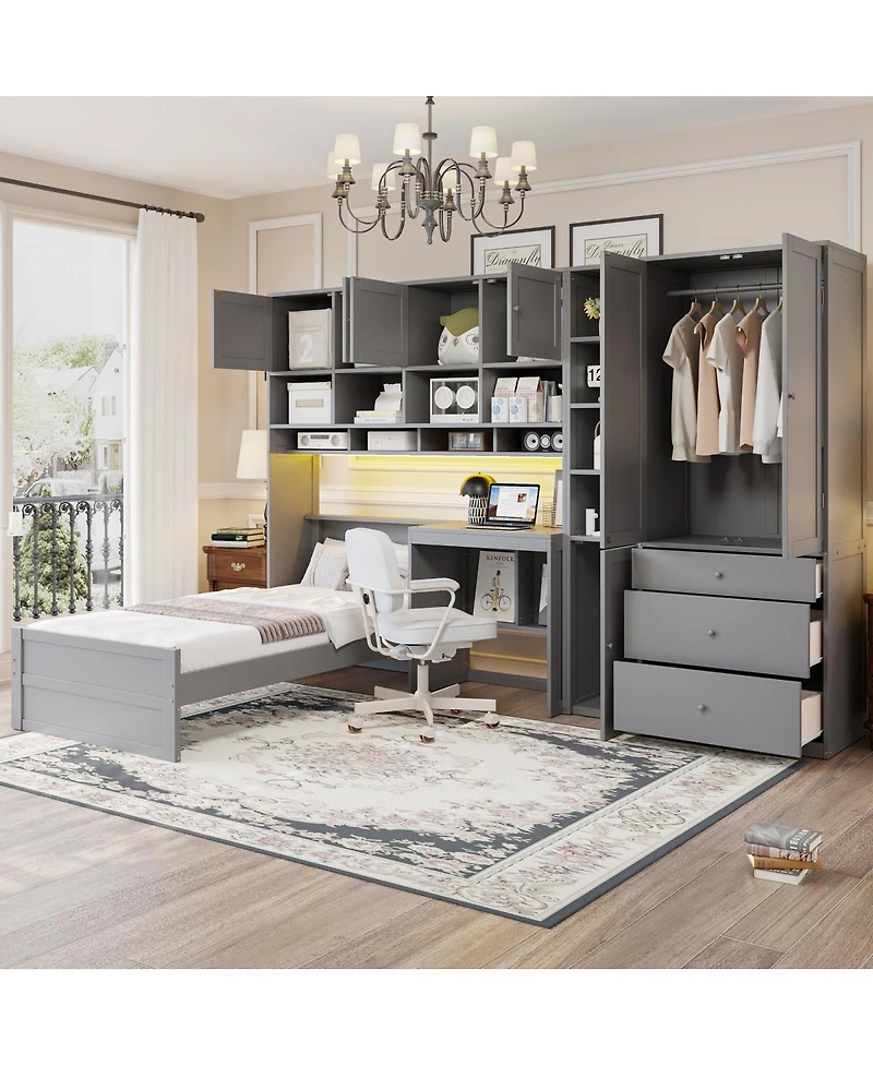 Streamdale Furniture Wooden Twin Platform Bed with Desk, Wardrobe, Cabinets, Drawers