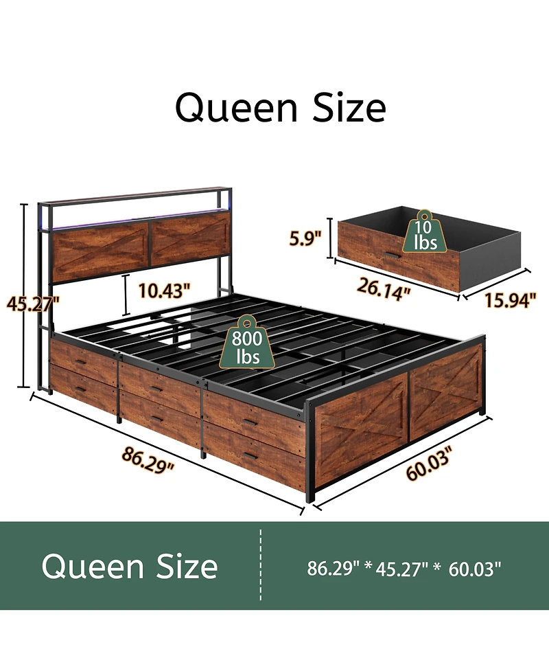 Lucky One Queen Bed Frame with Storage Headboard and 12 Drawers Led Lights