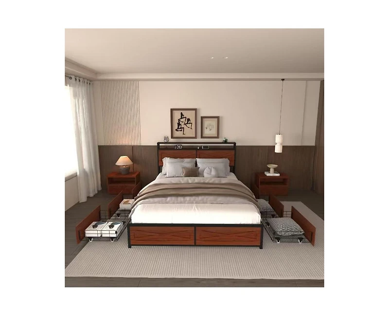 Lucky One Full Bed Frame with 6 Storage Drawers, Storage Headboard with Charging Statio Bed Frame