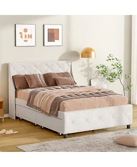 Lucky One Queen Size Bed Frame with Storage Headboard, Metal Platform Bed Noise Free
